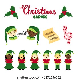 Christmas carol vector elements big set. Multinational singing kids, christmas songs lettering, elves isolated on white background. Christmas concert design elements, icons in flat style.