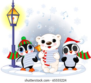 Christmas carolers. Cute polar bear and two penguins under streetlight