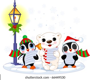 Christmas carolers ? cute polar bear and two penguins- under streetlight