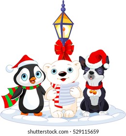 Christmas carolers. Polar bear, penguin and Boston terrier