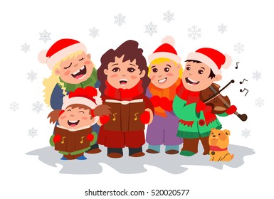 Christmas Caroling. Children choir singing carols and boy playing violin. Vector illustration on a white background.