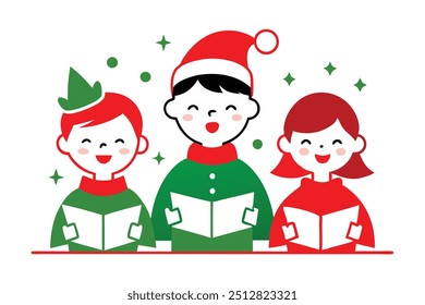 Christmas caroling children vector line art, clipart illustration with isolated on white background