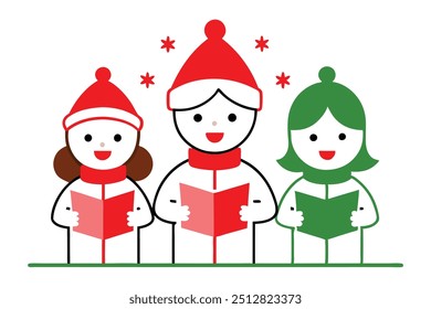 Christmas caroling children vector line art, clipart illustration with isolated on white background