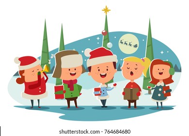 Christmas Caroling. Cute children choir singing carols. Vector cartoon illustration on a winter landscape.