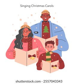 Christmas caroling family moment. Joyous trio sharing festive songs from songbooks, adorned in warm winter attire. Vector illustration.