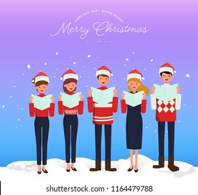 Christmas Caroling. Teenage choir singing carols merry christmas greeting on dark blue background with snow.