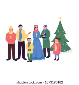 Christmas carollers flat color vector faceless characters. Xmas tree. Man, woman, children with candles. Christian holiday singing isolated cartoon illustration for web graphic design and animation