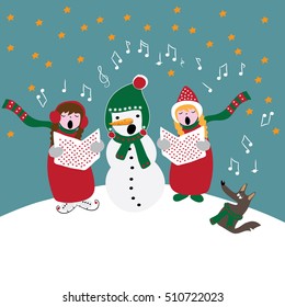 Christmas carols, children with snowman and dog singing songs, vector illustration