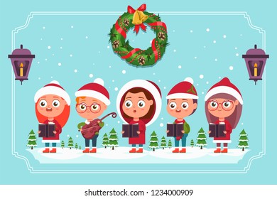 Christmas Carols. Cute kid choir in Santa hat with violin and books. Vector cartoon illustration isolated on a winter landscape.