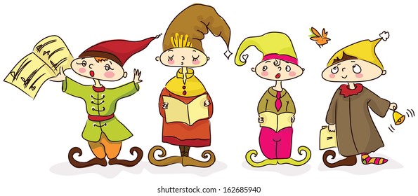 Christmas carols -  four singing dwarfs. Every one has his own character.