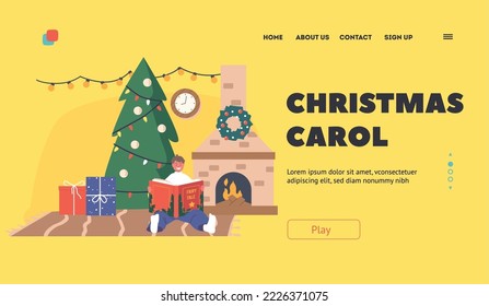 Christmas Carols Landing Page Template. Happy Boy Character Sitting at Burning Fire Place and Decorated Fir Tree Reading Book. Kid Reading Fairy Tale Stories at Eve. Cartoon People Vector Illustration