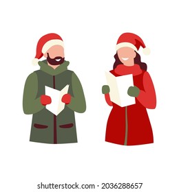 Christmas carols. Man and woman smiling almost joyfully . Christmas Eve, holiday, Christmas night. Vector flat illustration, cartoon style.