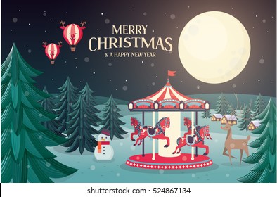 christmas carousel greetings template vector/illustration