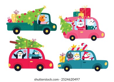 Christmas cars with cute baby animals. Festive illustration with animals, Christmas tree and gifts. Cartoon print for kids