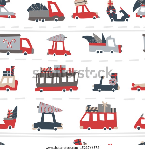 Christmas cars pattern. Childish vector seamless\
pattern of holiday roads in Scandinavian style. Moboes, buses,\
trucks with gifts.
