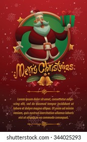 Christmas cars with red background with snowflakes. Round gold emblem with stars and Cute Santa Claus holding a gift box on the top and your text on below, vector