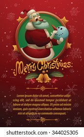 Christmas cars with red background with snowflakes. Round gold emblem with stars and Cute Santa Claus making  snowman on the top and your text on below, vector