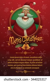 Christmas cars with red background with snowflakes. Round gold emblem with stars and face of cute happy Santa Claus on the top and your text on below, vector