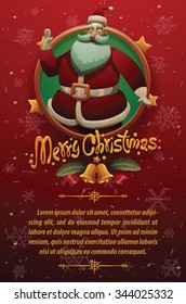 Christmas cars with red background with snowflakes. Round gold emblem with stars and Cute Santa Claus on the top and your text on below, vector