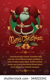 Christmas cars with red background with snowflakes. Round gold emblem with stars and Cute Santa Claus holding a red bag on the top and your text on below, vector