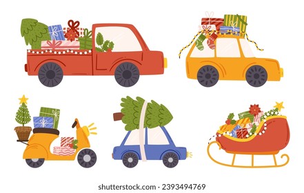 Christmas Cars, Scooter and Sled Adorned With Twinkling Lights And Festive Decor, Zooming Through Snowy Streets, Carrying Gifts, Spreading Holiday Cheer With Jolly Spirit. Cartoon Vector Illustration