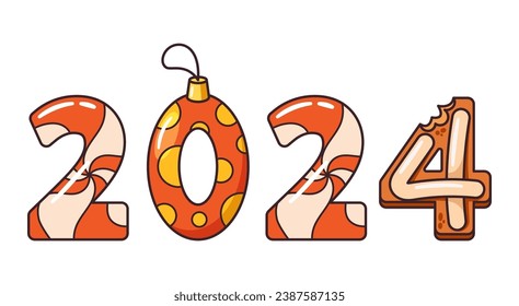 Christmas Cartoon 2024 Font Numbers, Whimsical Festive Decorations, Featuring Candy Cane, Bauble And Cookie-like Digits