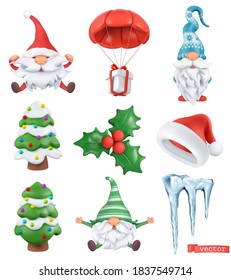 Christmas cartoon 3d vector icon set. Santa claus, santa hat, dwarves, tree, gift, icicle, holly