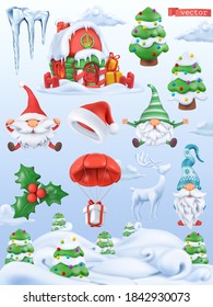 Christmas cartoon 3d vector icon set. Santa claus, santa hat, dwarves, tree, gift, icicle, holly, gingerbread house