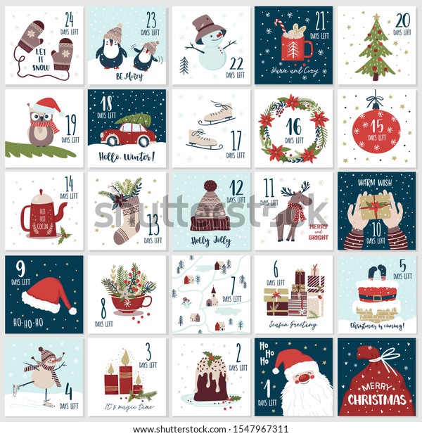 手描きのクリスマスアニメの到来カレンダー クリスマスキットまで数えて 25個のクリスマスカウントダウン印刷可能なタグセット かわいい手描きのベクター イラスト のベクター画像素材 ロイヤリティフリー