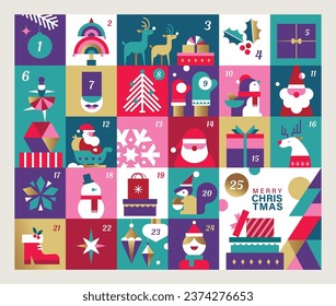 Christmas cartoon advent calendar in modern geometric style. Twenty five Christmas countdown vector illustration set. 