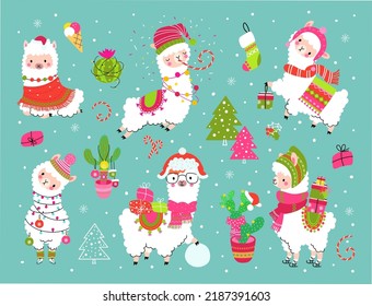 Christmas cartoon alpaca with cactus and gifts. Funny llamas x-mas party, new year holiday alpacas stickers. Winter animal characters nowaday vector clipart