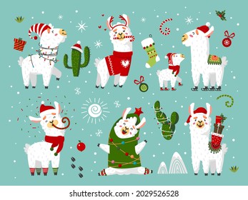 Caricatura de Navidad alpaca. Llama de Navidad, animales llevan pañuelo y sombrero de santa. Lámpara feriado con regalos, guirnaldas sobre cactus elementos festivos vectoriales clásicos