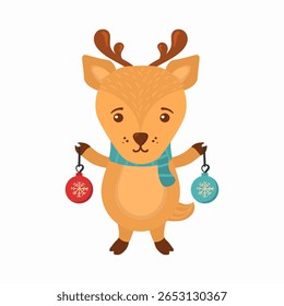 Conjunto de desenhos animados de Natal. Engraçado papai noel e veado na cena da floresta. Gato bonito, coelho e urso para comemoração de Natal de inverno. Cartão de férias com fundo vetor colorido e humor feliz.