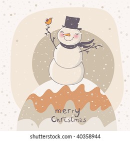 Christmas cartoon background with funny snowman