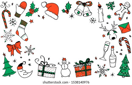 Christmas cartoon background with place for your text. Hand drawn x-mas symbols. Clip art for winter design. New Year doodle icons. Vector illustration