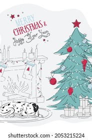 Christmas cartoon background with sleeping dalmatian dog in beautifully decorated living room. Vector illustration