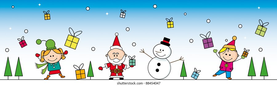 Christmas cartoon banner. Banner  with santa, a Snowman and two children.