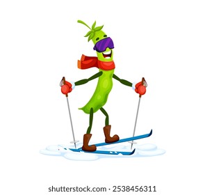 Christmas cartoon bean pod riding ski on winter holiday, vector vegetable character. Happy funny green pea or bean pod skiing on snow in scarf and sunglasses for New Year and Christmas holiday emoji