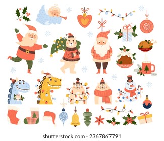 Christmas cartoon big set. New Year characters Santa Claus, bear with tree, snowman with garland, little angel, dragon, cat and traditional food and holiday decorations. Vector illustration. Isolated