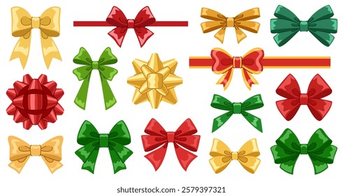 Christmas cartoon bows set. Red, green and gold tied bows for holiday decoration and packaging. Shiny beautiful decorations for Christmas, birthday and other holidays. Isolated on white background.