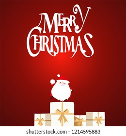 Christmas cartoon card, happy holidays, smiling Santa with presents, Christmas invitation cart, happy new year, red background