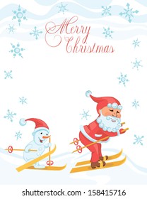 Christmas cartoon card with skiing Santa and skiing snowman. Solid fill, eps 8 format, outline lettering
