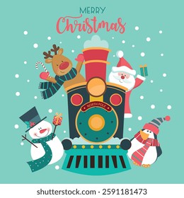 Christmas cartoon card with train, Santa, snowman, penguin, reindeer on blue background. 