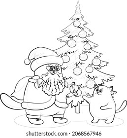 Christmas Cartoon, Cat Santa Claus Gives Candy to a Kitten near the Christmas Tree, Black Contours Isolated on White Background. Vector