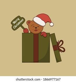 Christmas cartoon character bear wearing santa hat greeting merry christmas inside open gift box. This flat cartoon illustration can be used for sticker, card, poster, banner, etc.