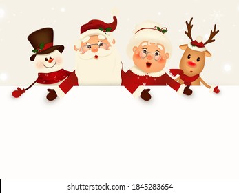 Caricatura de Navidad acompañantes con carteles en blanco grande, espacio de copia en blanco. Amplio espacio vacío para el diseño. Papá Noel, Sra. Claus, reno, hombre de nieve con una gran cartelera. ilustración vectorial.