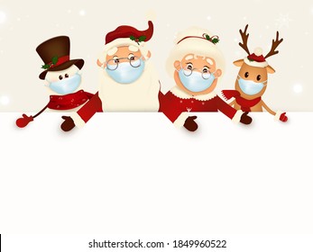 Caricatura de Navidad acompañantes con carteles en blanco grande, espacio de copia en blanco. Amplio espacio vacío para el diseño. Papá Noel, Sra. Claus, reno, hombre de nieve con máscara médica, carteles en blanco. vector