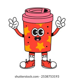 Christmas cartoon character.  A cup of cocoa in trendy Retro Groovy hippie cartoon style. Hand draw vector isolated on white background. Sticker pack of comic characters.