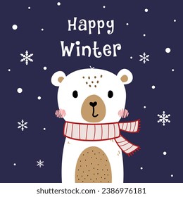 Christmas cartoon character cute bear. Print for baby winter party. Vector print with cute bear. Vector illustration
