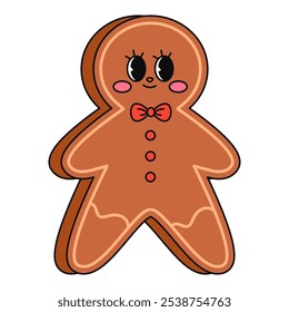 Christmas cartoon character. Cute gingerbread in trendy Retro Groovy hippie cartoon style. Hand draw vector isolated on white background. Sticker pack of comic characters.